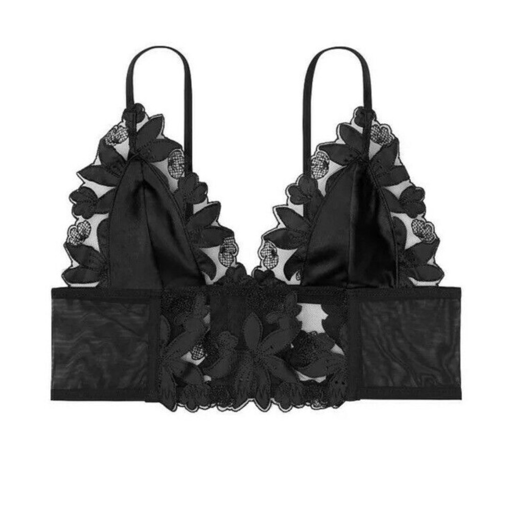Victoria's Secret Unlined Floral Embroidered Long Line Bralette Black Sz L